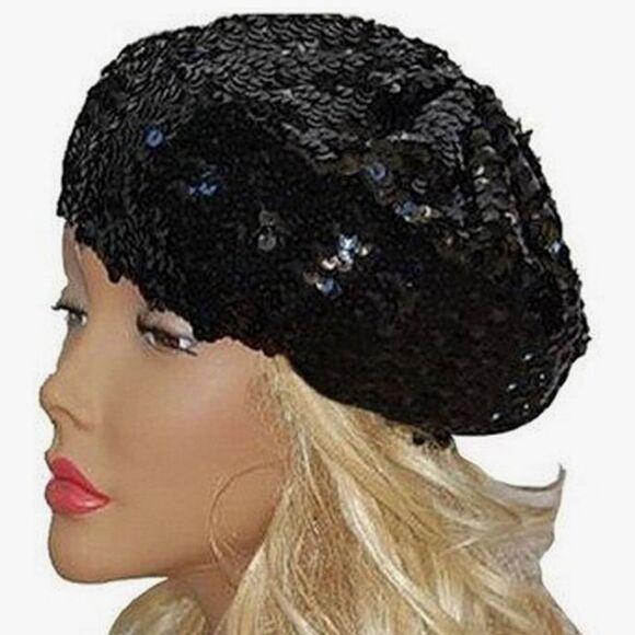 💜Black Sequined Beanie Beret Cap One Size - Picture 1 of 10